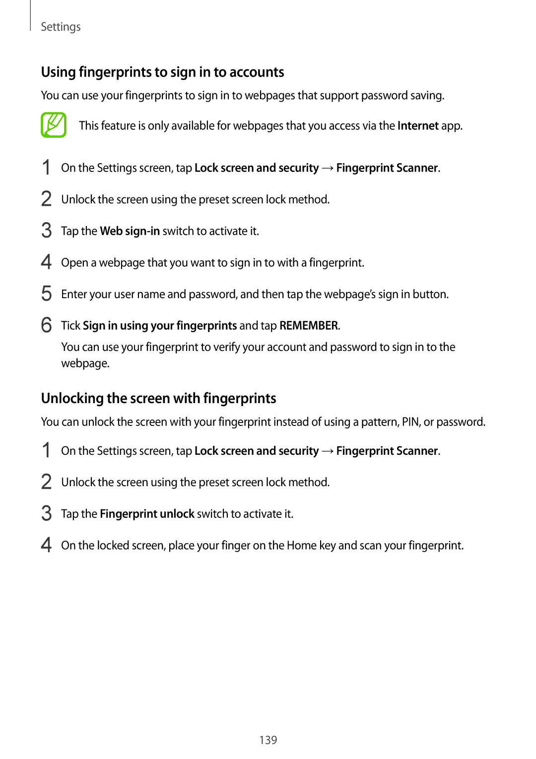 Samsung SM-C710FZKDXEV, SM-C710FZKDXXV Using fingerprints to sign in to accounts, Unlocking the screen with fingerprints 