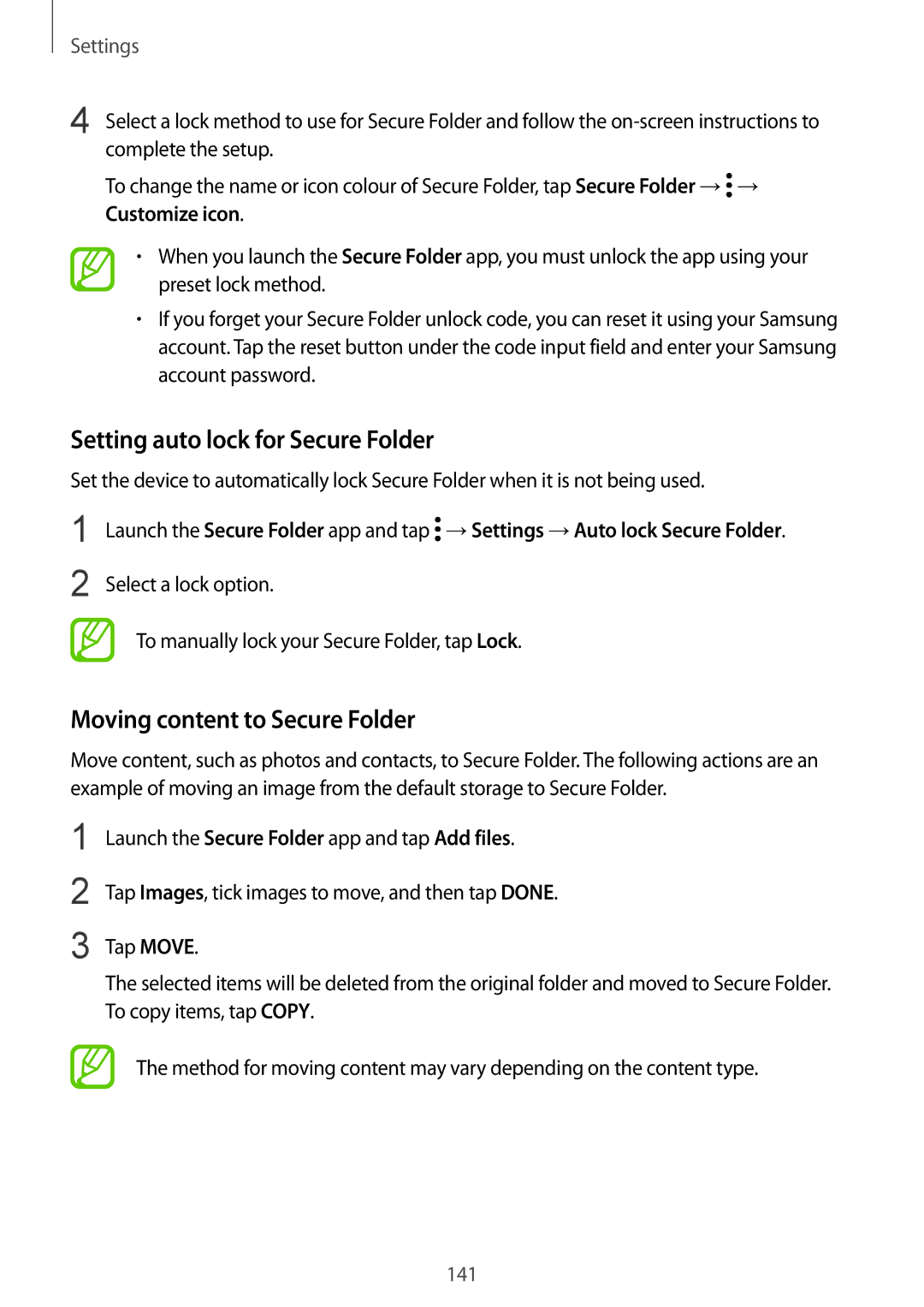 Samsung SM-C710FZKDXXV, SM-C710FZKDXEV, SM-C710FZDDXXV Setting auto lock for Secure Folder, Moving content to Secure Folder 