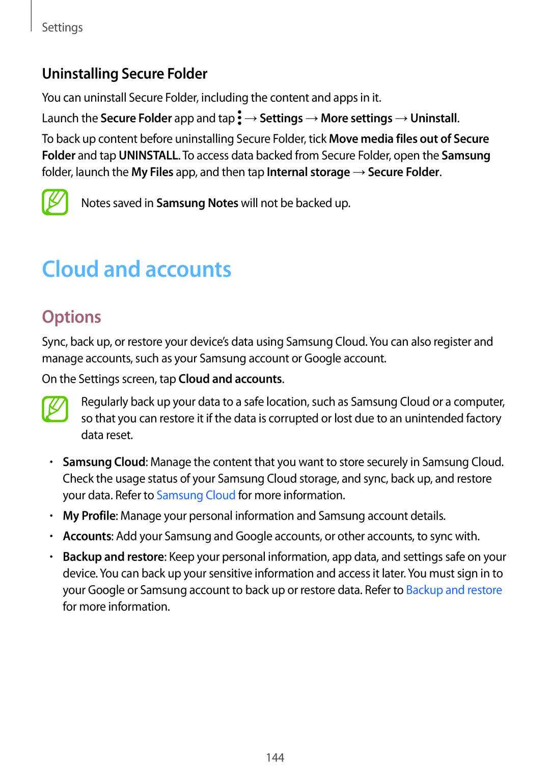 Samsung SM-C710FZKDXXV, SM-C710FZKDXEV, SM-C710FZDDXXV manual Cloud and accounts, Uninstalling Secure Folder 