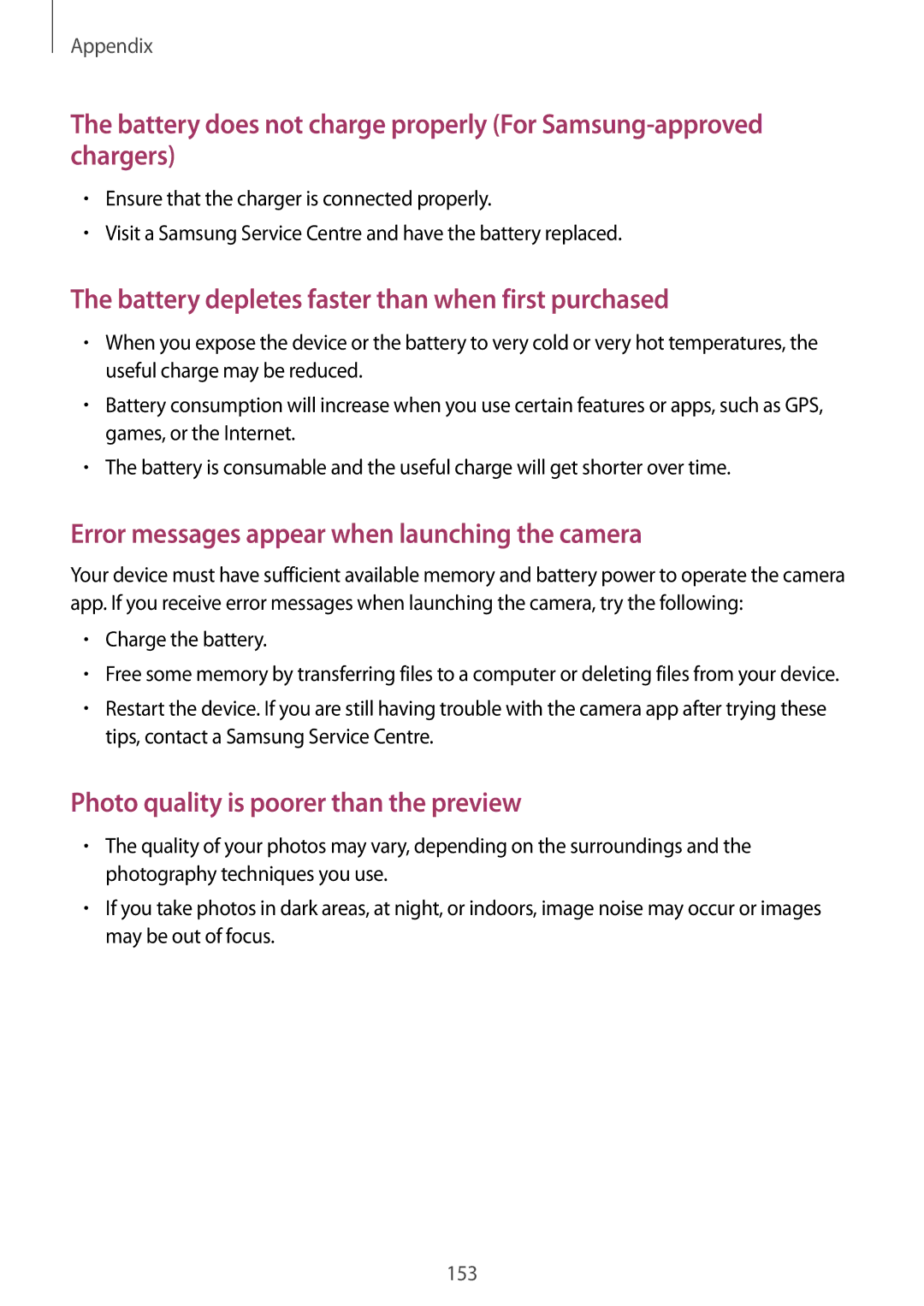 Samsung SM-C710FZKDXXV, SM-C710FZKDXEV, SM-C710FZDDXXV manual Battery depletes faster than when first purchased 