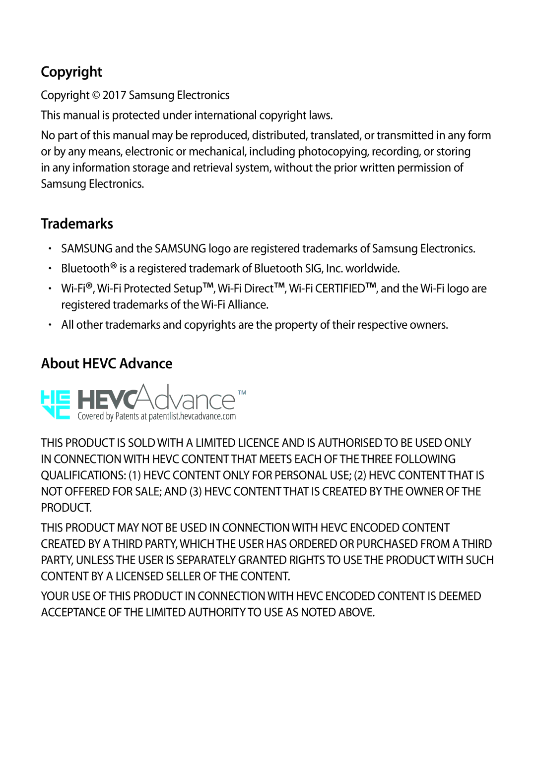 Samsung SM-C710FZKDXXV, SM-C710FZKDXEV, SM-C710FZDDXXV manual Copyright, Trademarks, About Hevc Advance 