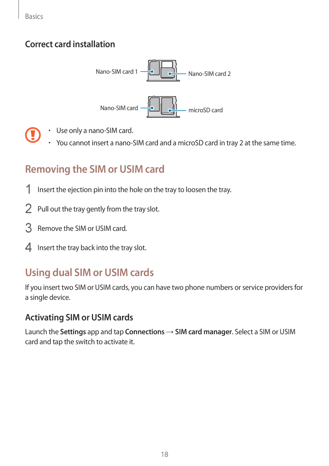 Samsung SM-C710FZKDXXV manual Removing the SIM or Usim card, Using dual SIM or Usim cards, Correct card installation 