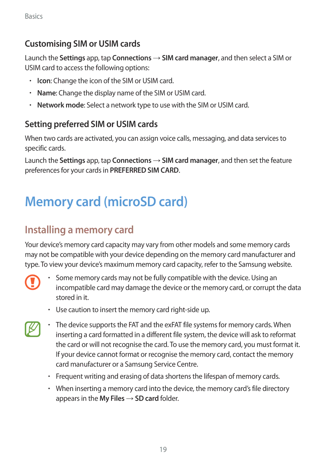 Samsung SM-C710FZKDXEV, SM-C710FZKDXXV Memory card microSD card, Installing a memory card, Customising SIM or Usim cards 