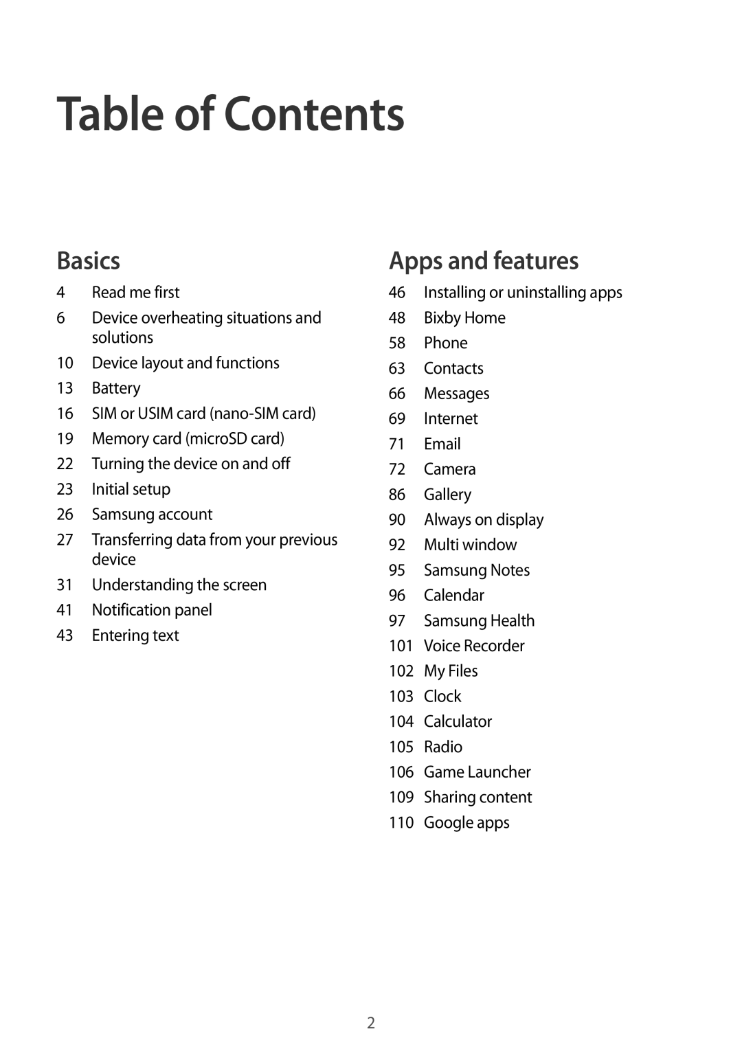 Samsung SM-C710FZDDXXV, SM-C710FZKDXXV, SM-C710FZKDXEV manual Table of Contents 