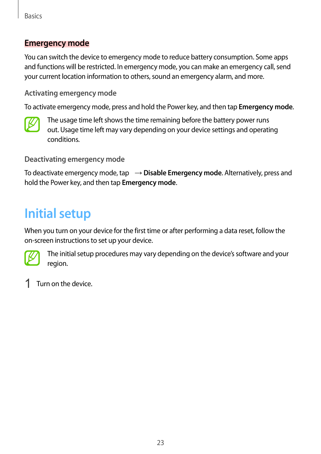 Samsung SM-C710FZDDXXV manual Initial setup, Emergency mode, Activating emergency mode, Deactivating emergency mode 