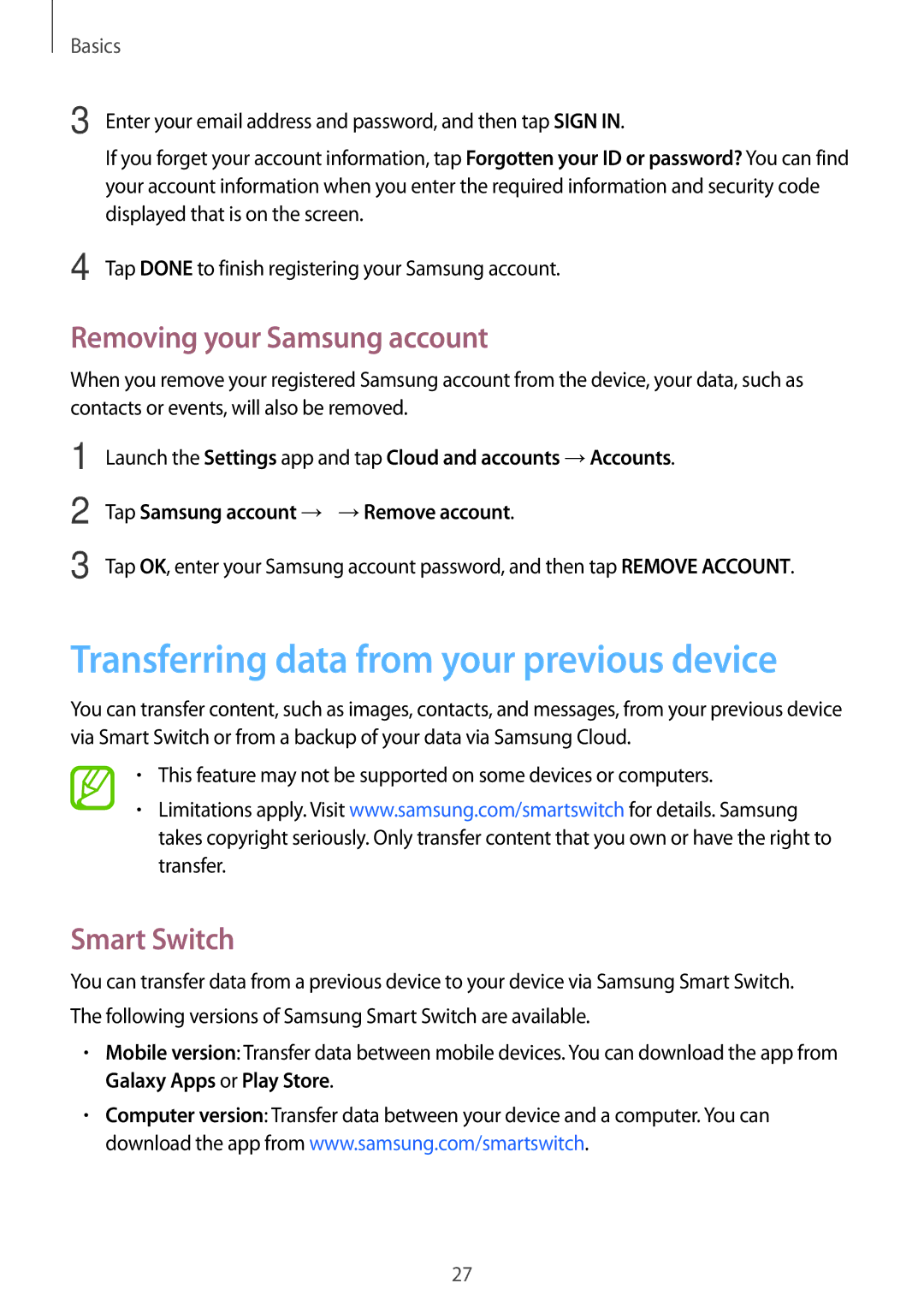 Samsung SM-C710FZKDXXV manual Transferring data from your previous device, Removing your Samsung account, Smart Switch 