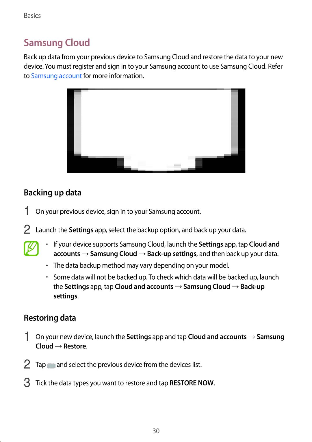 Samsung SM-C710FZKDXXV, SM-C710FZKDXEV, SM-C710FZDDXXV manual Samsung Cloud, Backing up data, Restoring data 