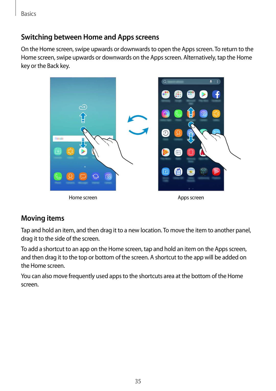 Samsung SM-C710FZDDXXV, SM-C710FZKDXXV, SM-C710FZKDXEV manual Switching between Home and Apps screens, Moving items 