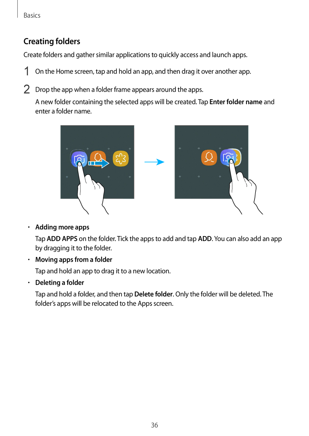 Samsung SM-C710FZKDXXV, SM-C710FZKDXEV Creating folders, Adding more apps, Moving apps from a folder, Deleting a folder 