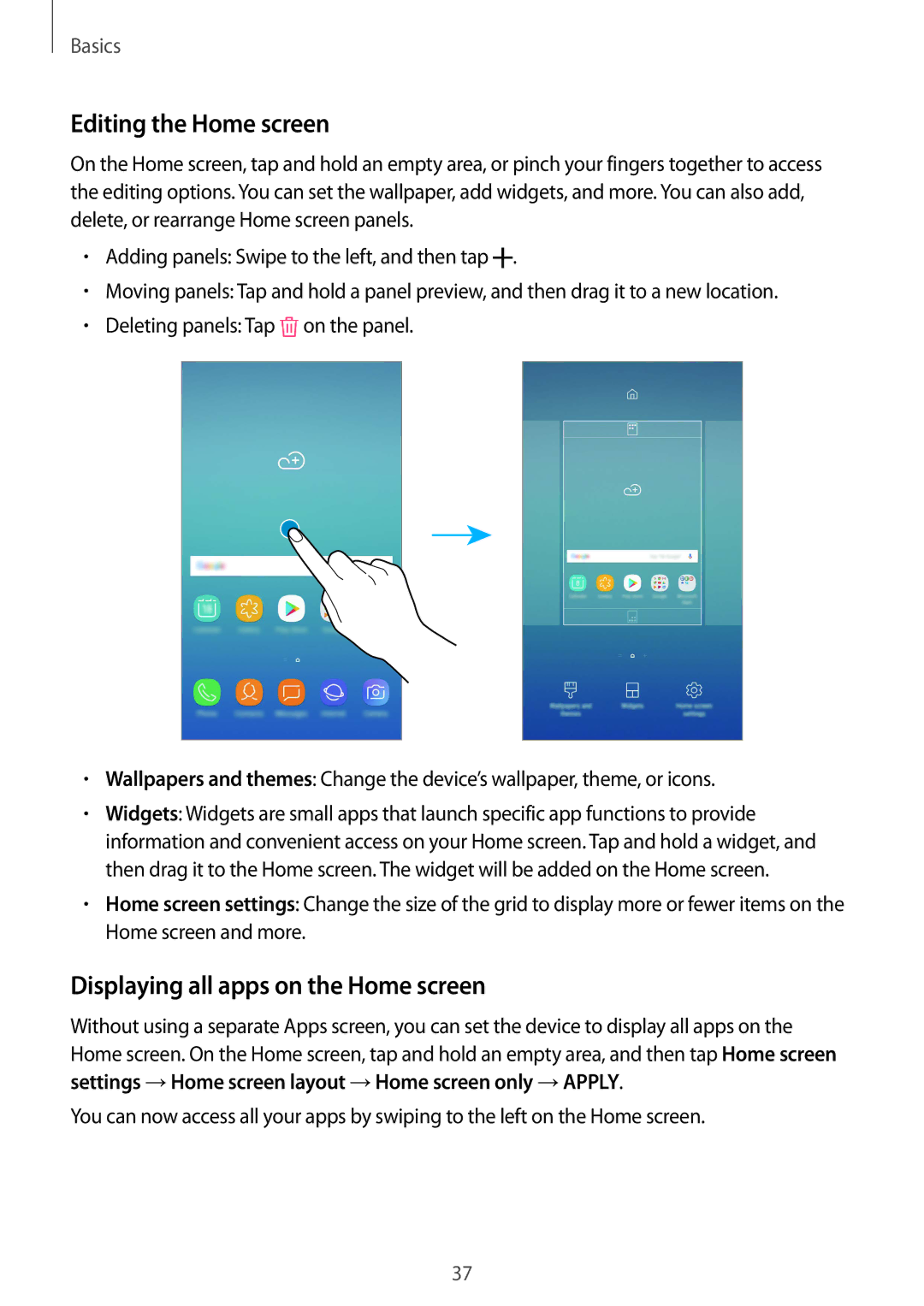 Samsung SM-C710FZKDXEV, SM-C710FZKDXXV, SM-C710FZDDXXV manual Editing the Home screen, Displaying all apps on the Home screen 