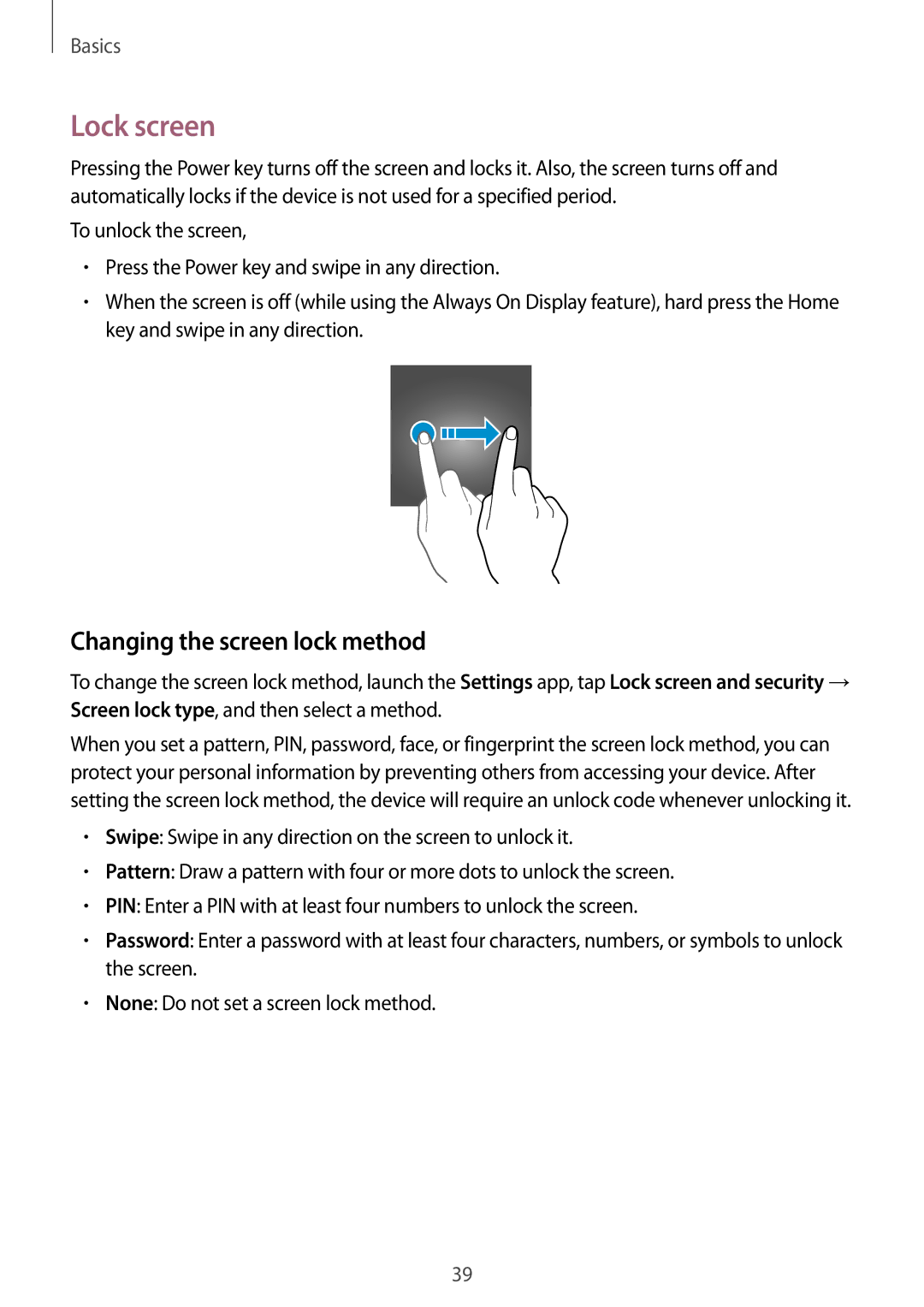 Samsung SM-C710FZKDXXV, SM-C710FZKDXEV, SM-C710FZDDXXV manual Lock screen, Changing the screen lock method 