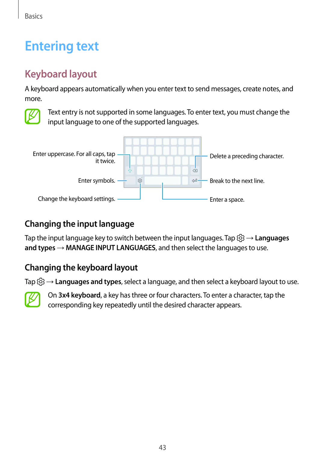 Samsung SM-C710FZKDXEV manual Entering text, Keyboard layout, Changing the input language, Changing the keyboard layout 