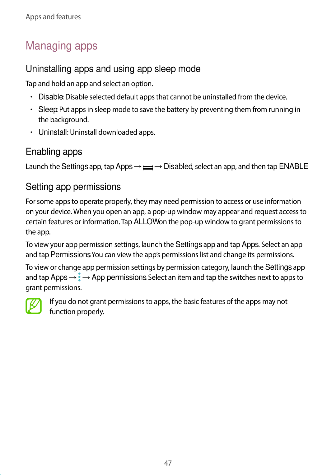 Samsung SM-C710FZDDXXV Managing apps, Uninstalling apps and using app sleep mode, Enabling apps, Setting app permissions 