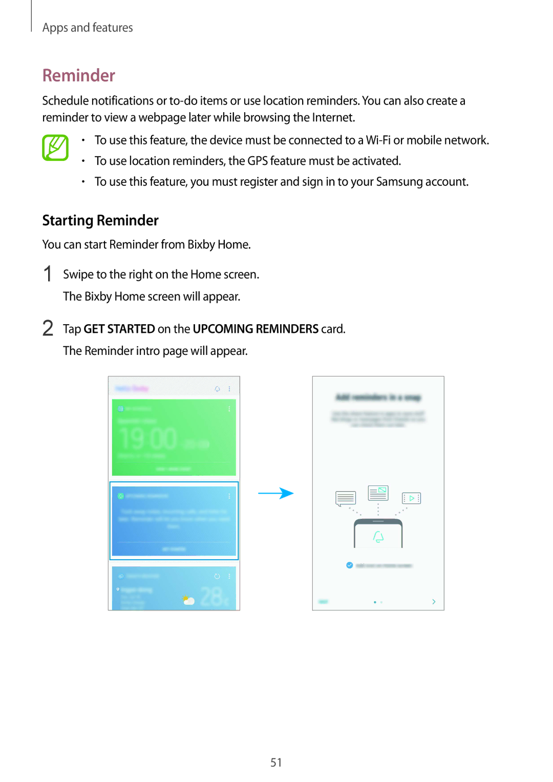 Samsung SM-C710FZKDXXV, SM-C710FZKDXEV manual Starting Reminder, Tap GET Started on the Upcoming Reminders card 