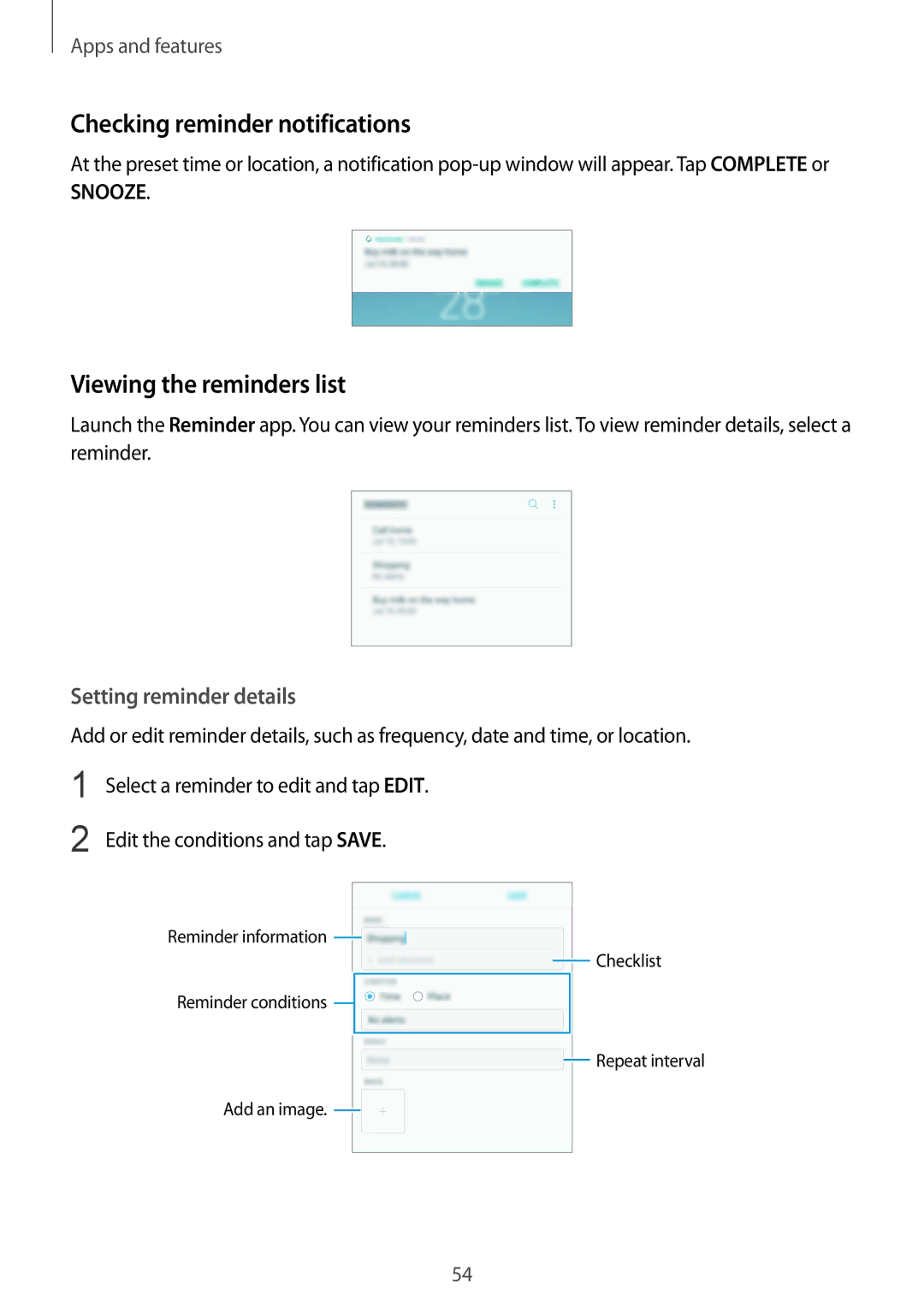 Samsung SM-C710FZKDXXV manual Checking reminder notifications, Viewing the reminders list, Setting reminder details 