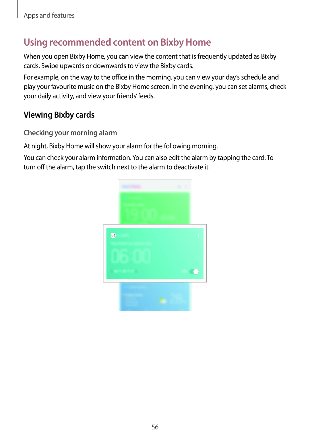 Samsung SM-C710FZDDXXV manual Using recommended content on Bixby Home, Viewing Bixby cards, Checking your morning alarm 