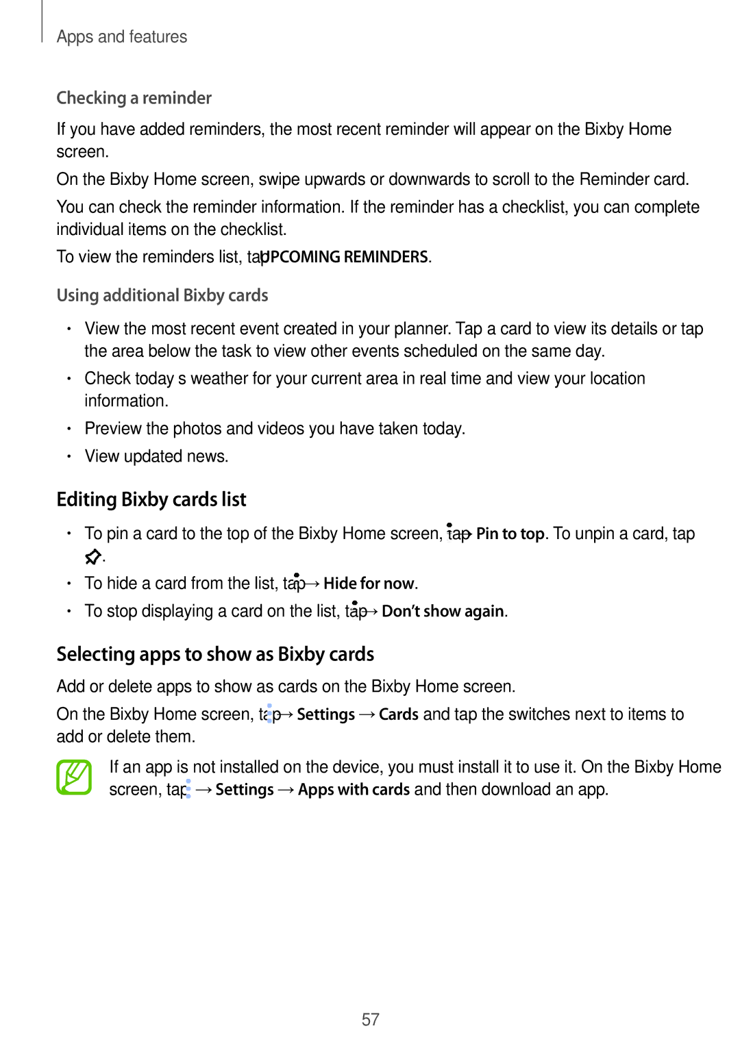 Samsung SM-C710FZKDXXV manual Editing Bixby cards list, Selecting apps to show as Bixby cards, Checking a reminder 