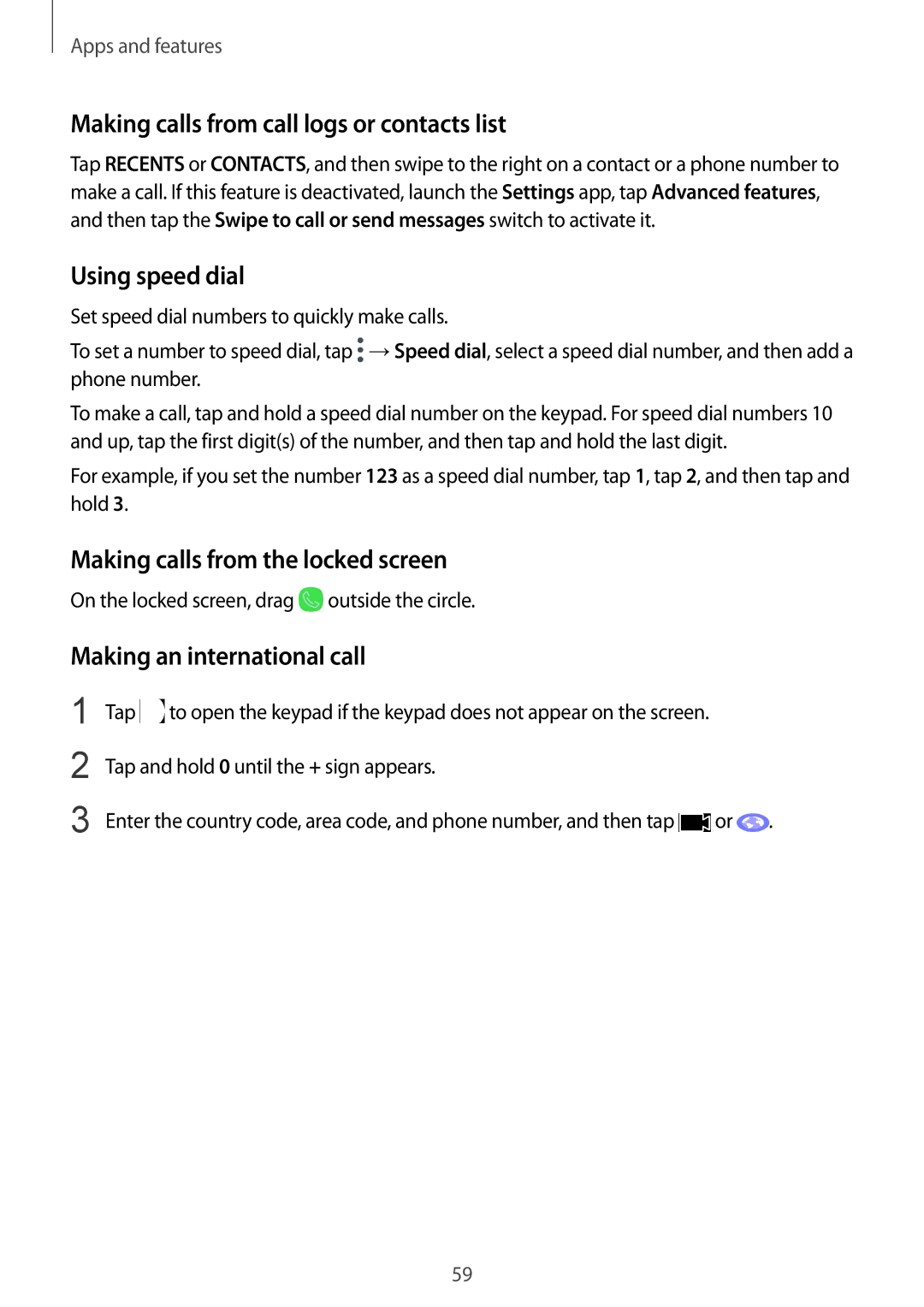 Samsung SM-C710FZDDXXV Making calls from call logs or contacts list, Using speed dial, Making calls from the locked screen 