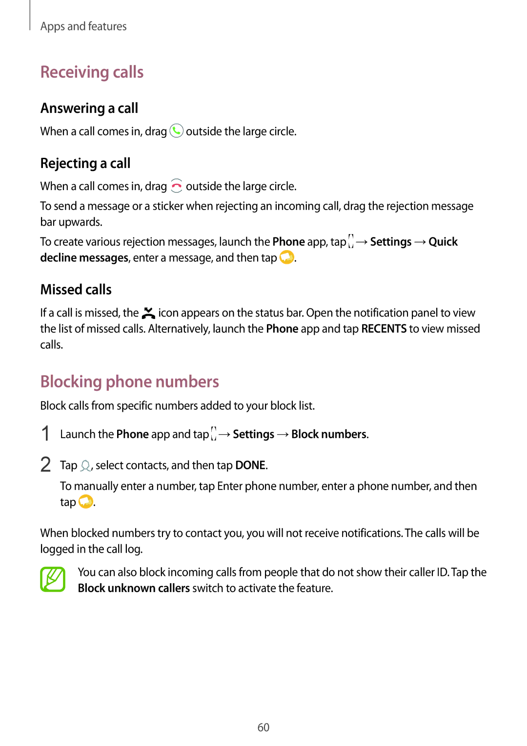 Samsung SM-C710FZKDXXV manual Receiving calls, Blocking phone numbers, Answering a call, Rejecting a call, Missed calls 