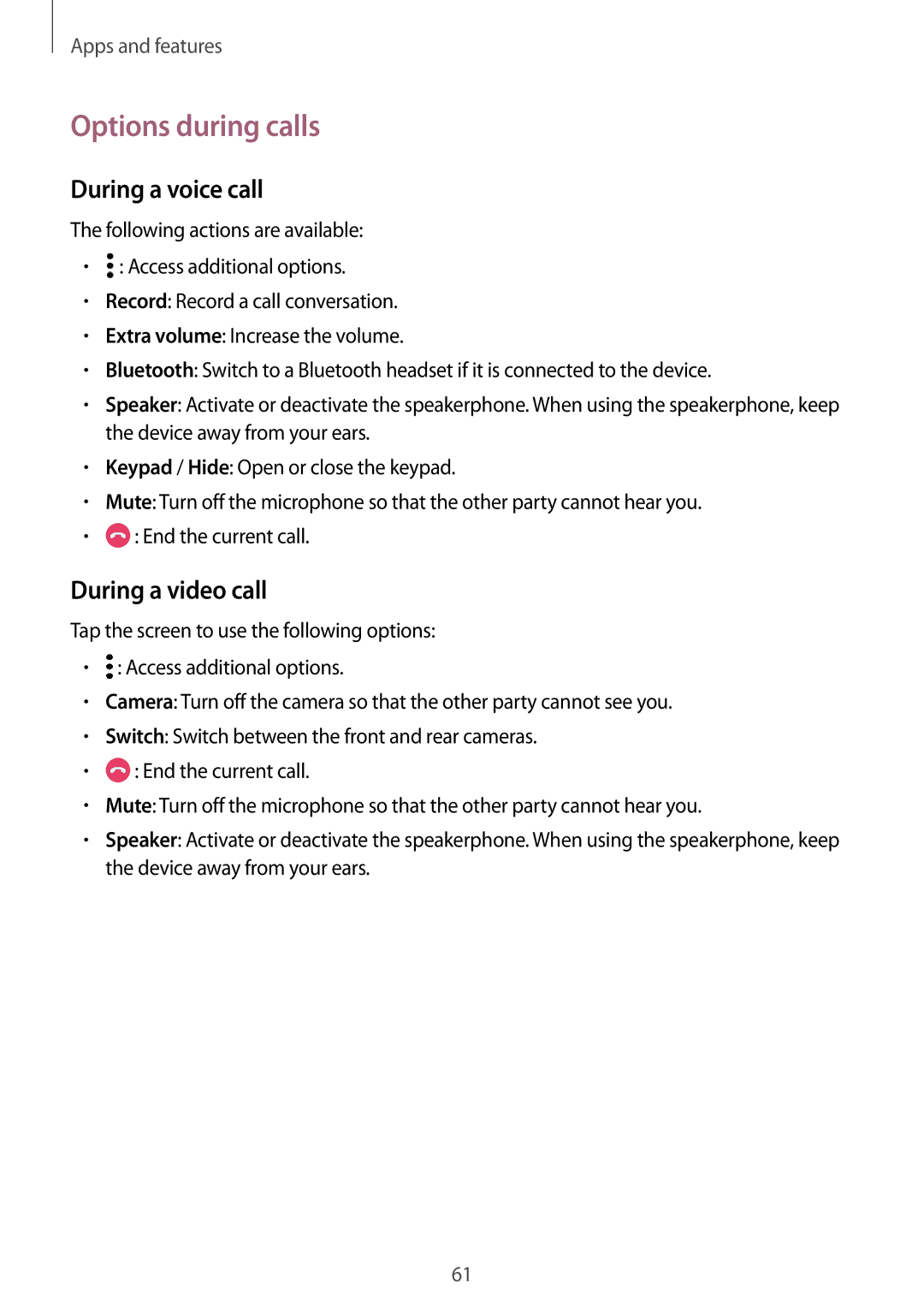 Samsung SM-C710FZKDXEV, SM-C710FZKDXXV, SM-C710FZDDXXV manual Options during calls, During a voice call, During a video call 