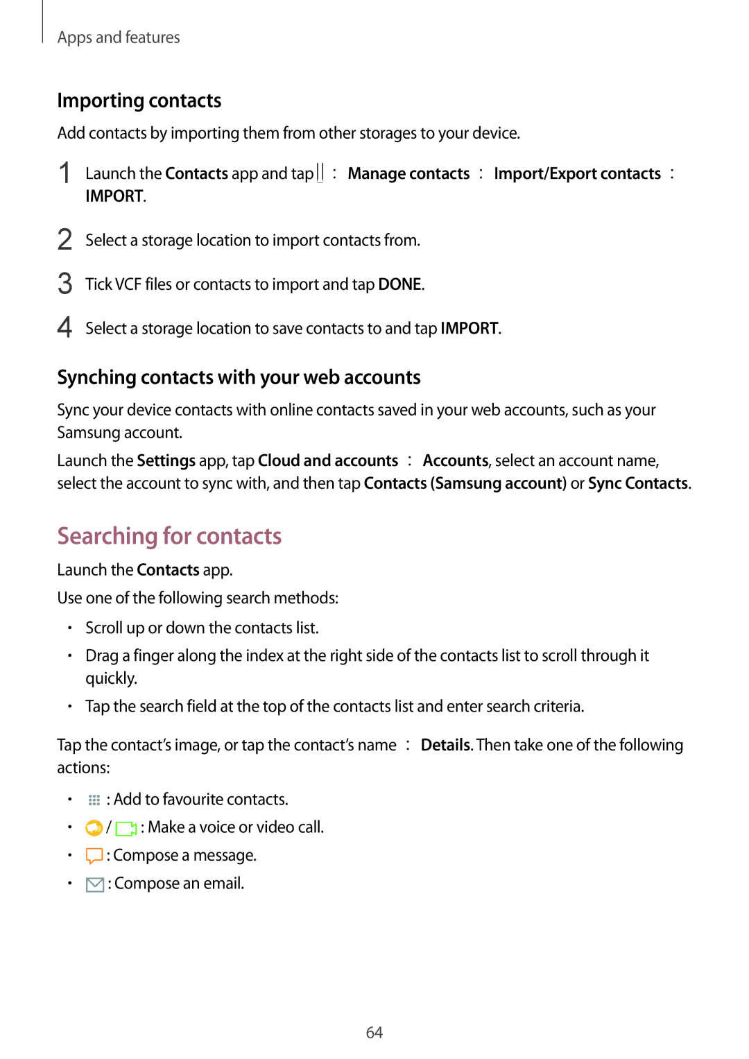 Samsung SM-C710FZKDXEV manual Searching for contacts, Importing contacts, Synching contacts with your web accounts 