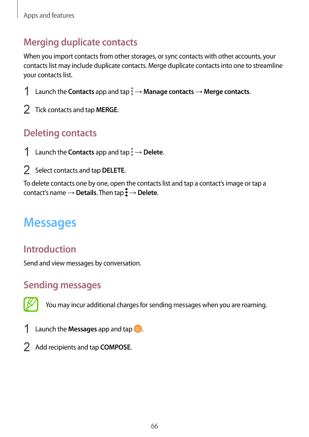 Samsung SM-C710FZKDXXV, SM-C710FZKDXEV manual Messages, Merging duplicate contacts, Deleting contacts, Sending messages 