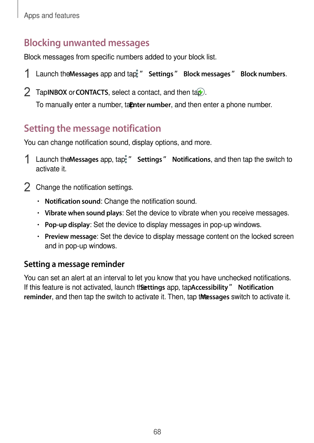 Samsung SM-C710FZDDXXV manual Blocking unwanted messages, Setting the message notification, Setting a message reminder 