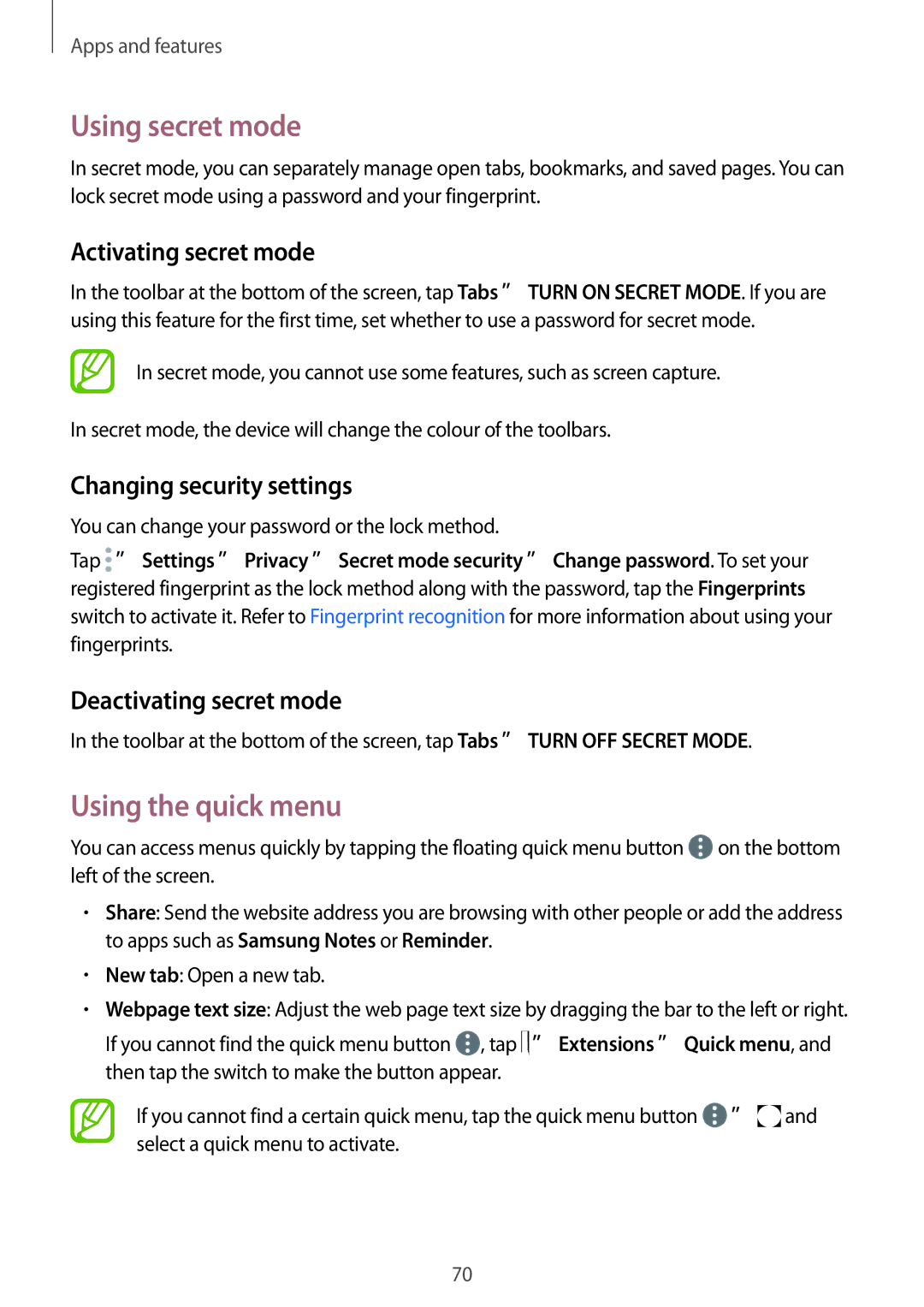 Samsung SM-C710FZKDXEV manual Using secret mode, Using the quick menu, Activating secret mode, Changing security settings 