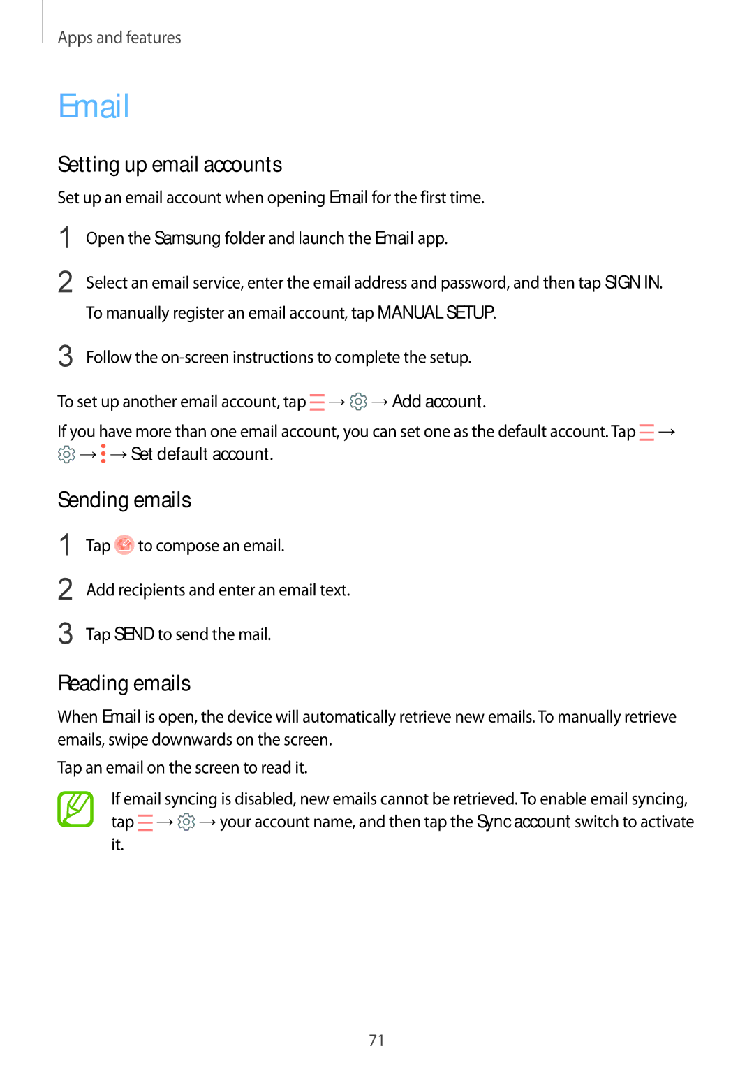 Samsung SM-C710FZDDXXV, SM-C710FZKDXXV, SM-C710FZKDXEV manual Setting up email accounts, Sending emails, Reading emails 