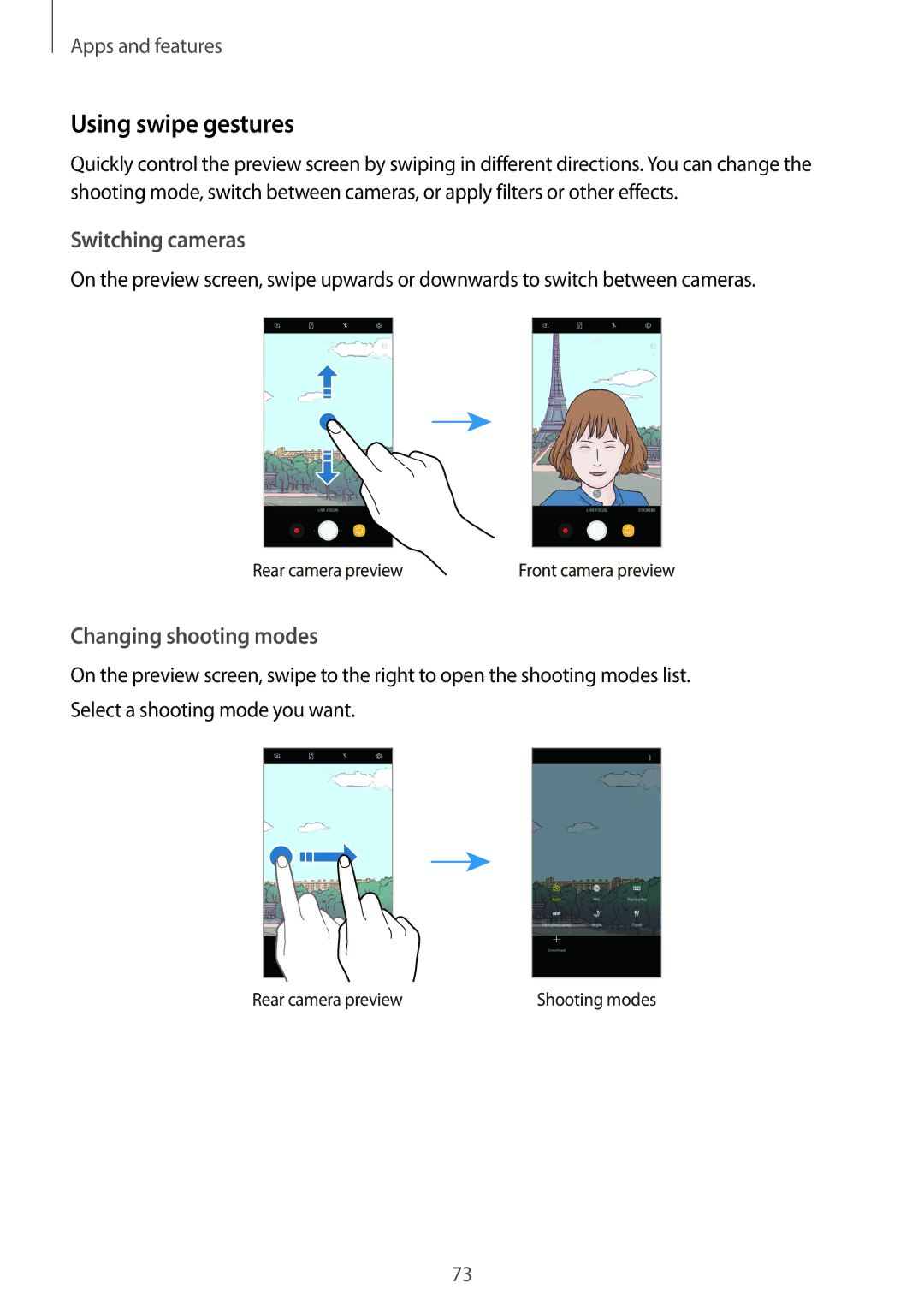 Samsung SM-C710FZKDXEV, SM-C710FZKDXXV, SM-C710FZDDXXV Using swipe gestures, Switching cameras, Changing shooting modes 