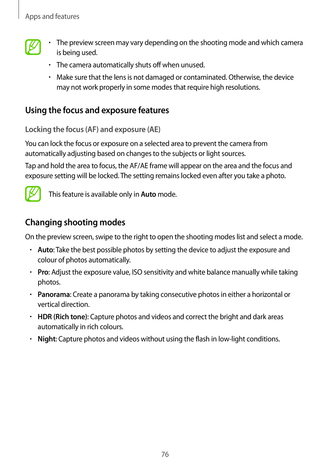 Samsung SM-C710FZKDXEV, SM-C710FZKDXXV, SM-C710FZDDXXV manual Using the focus and exposure features, Changing shooting modes 