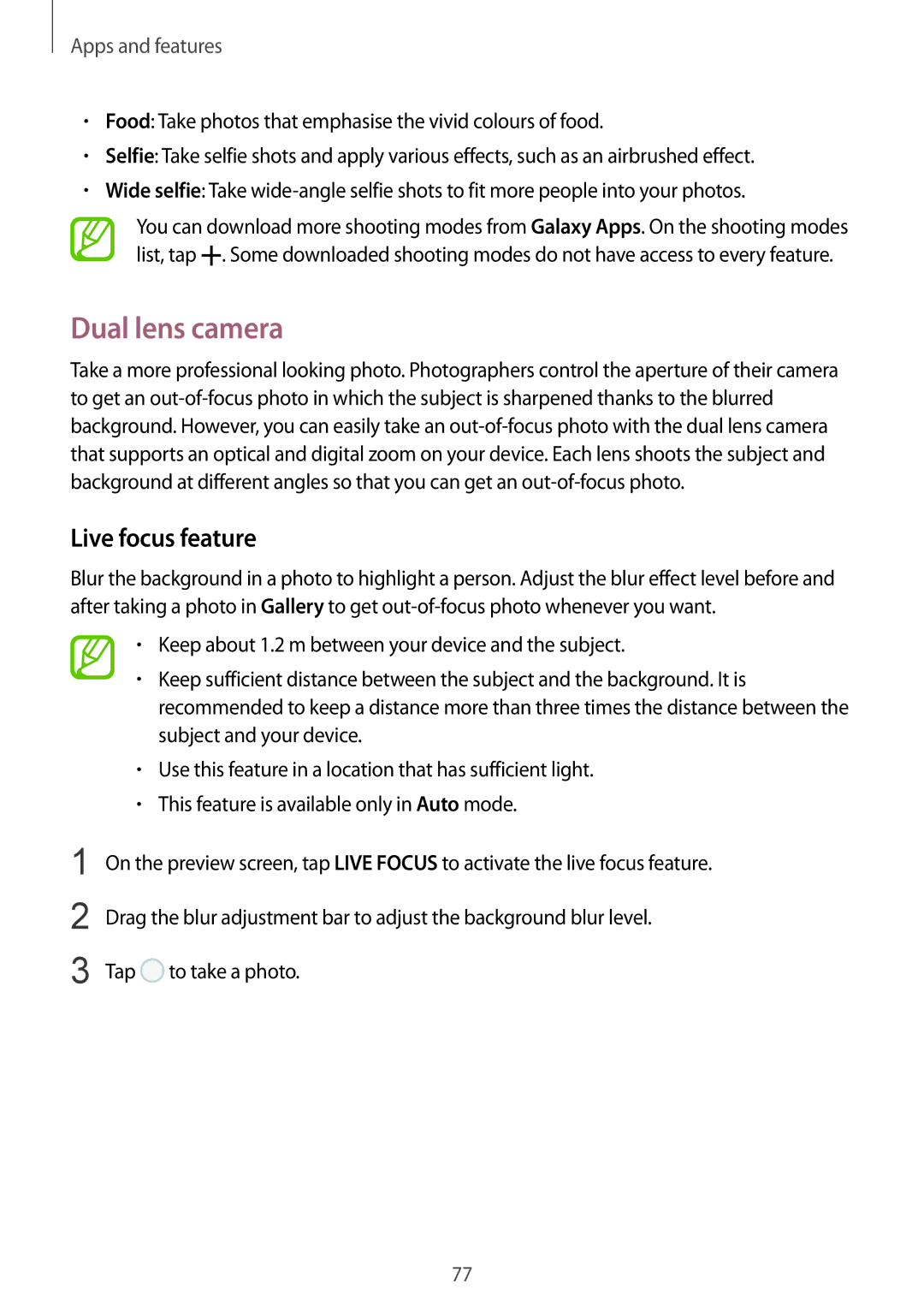 Samsung SM-C710FZDDXXV, SM-C710FZKDXXV, SM-C710FZKDXEV manual Dual lens camera, Live focus feature 