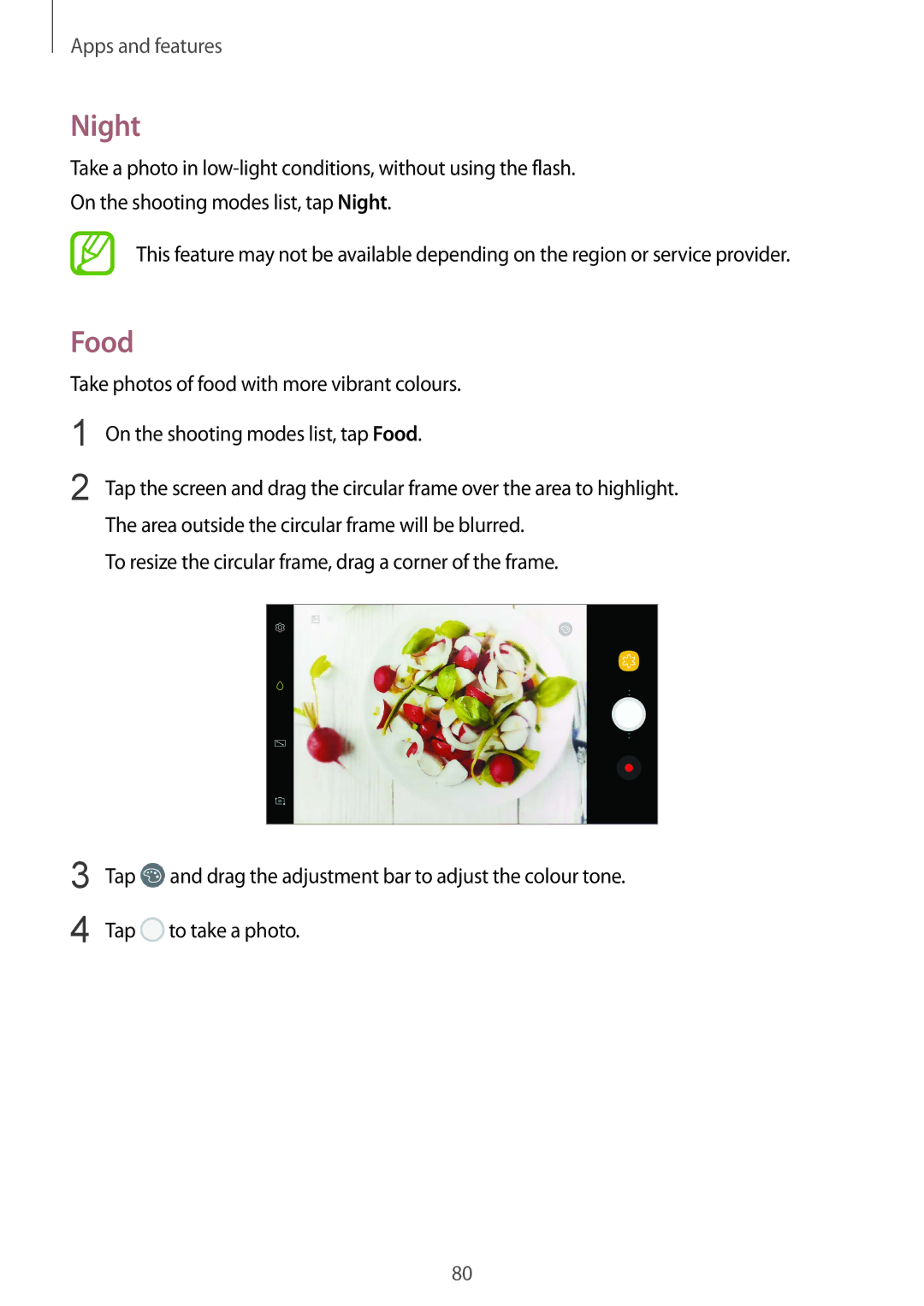 Samsung SM-C710FZDDXXV, SM-C710FZKDXXV, SM-C710FZKDXEV manual Night, Food 