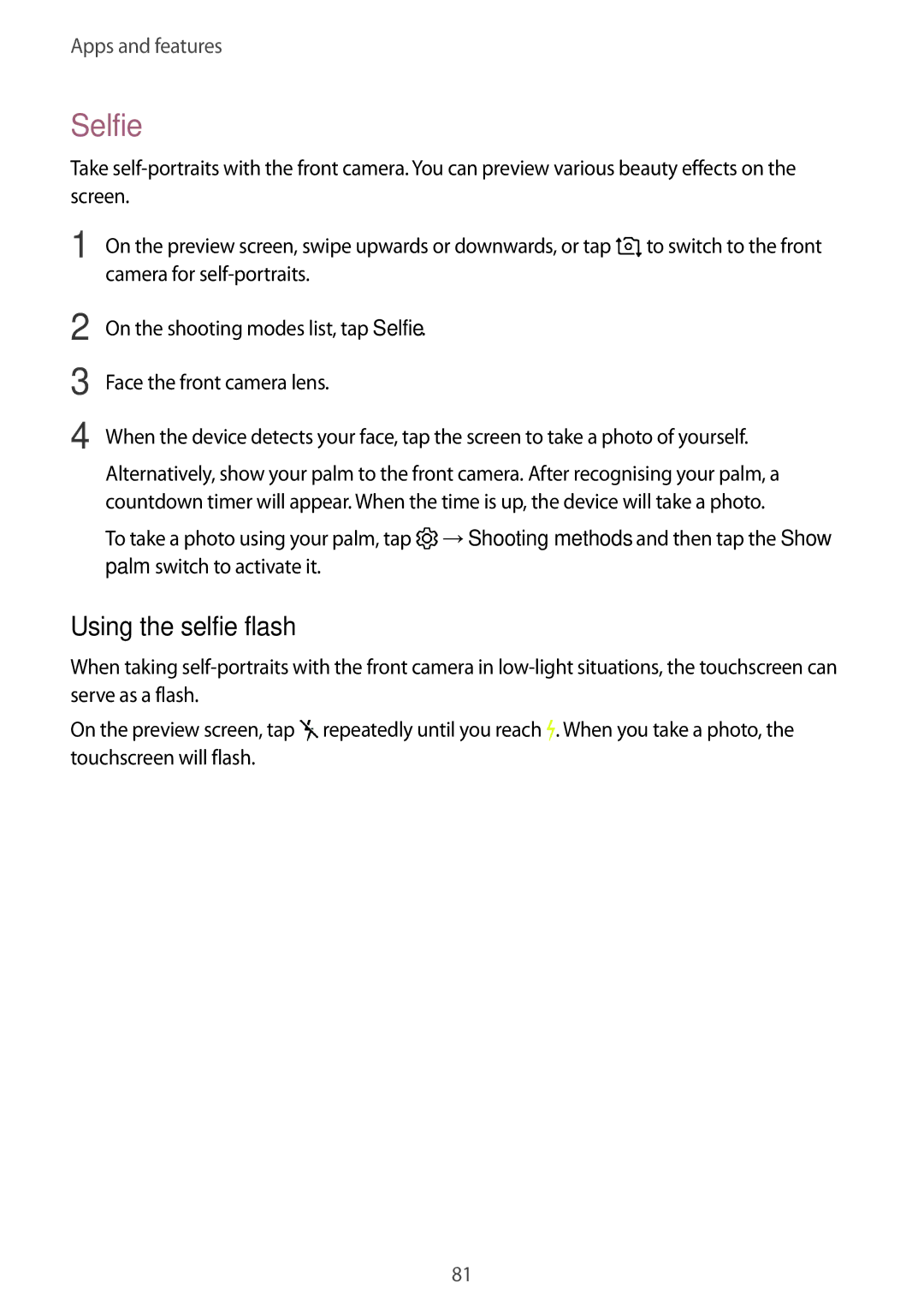 Samsung SM-C710FZKDXXV, SM-C710FZKDXEV, SM-C710FZDDXXV manual Selfie, Using the selfie flash 