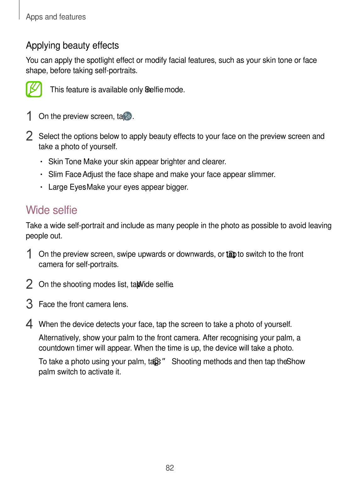 Samsung SM-C710FZKDXEV, SM-C710FZKDXXV, SM-C710FZDDXXV manual Wide selfie, Applying beauty effects 