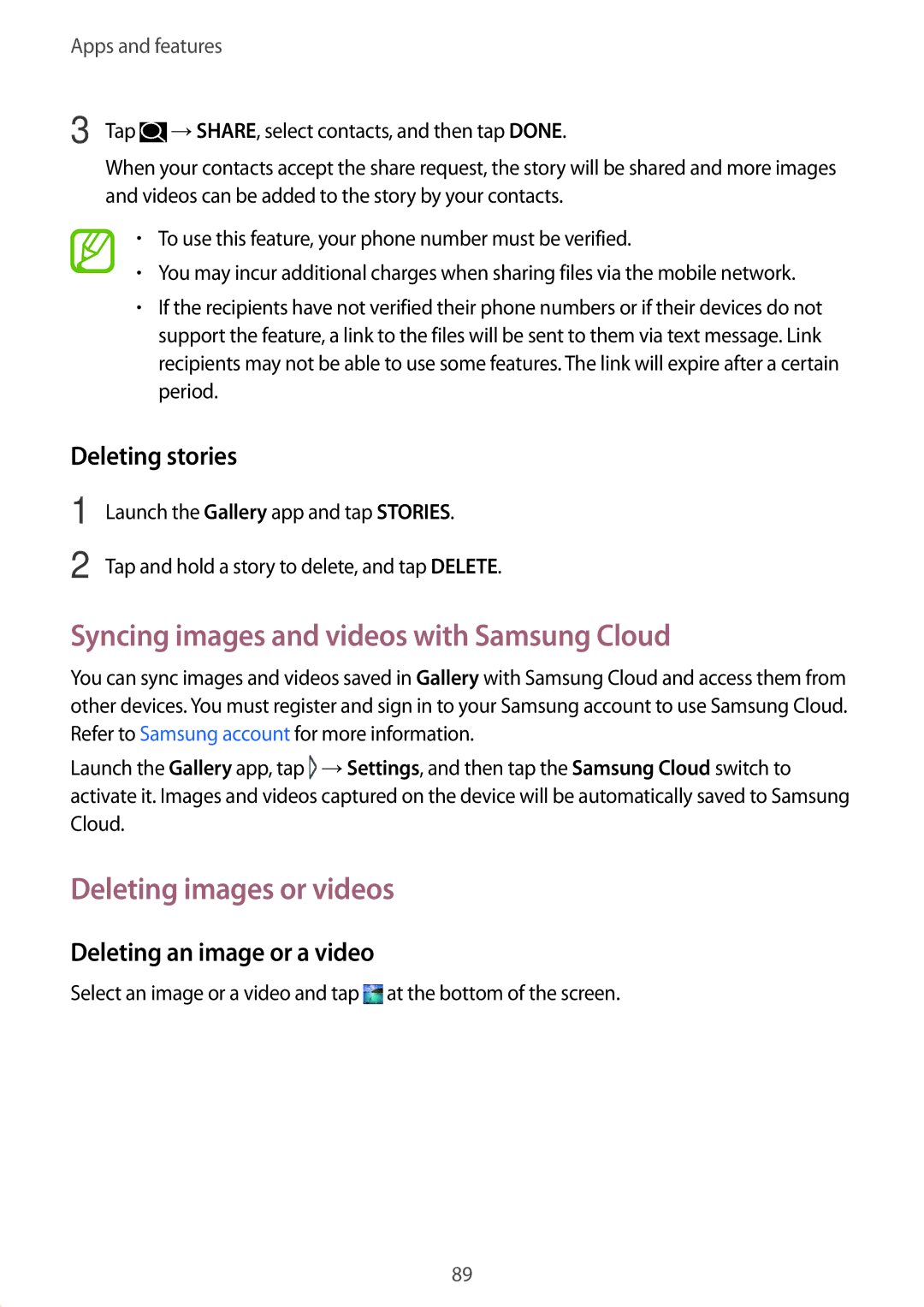 Samsung SM-C710FZDDXXV manual Syncing images and videos with Samsung Cloud, Deleting images or videos, Deleting stories 