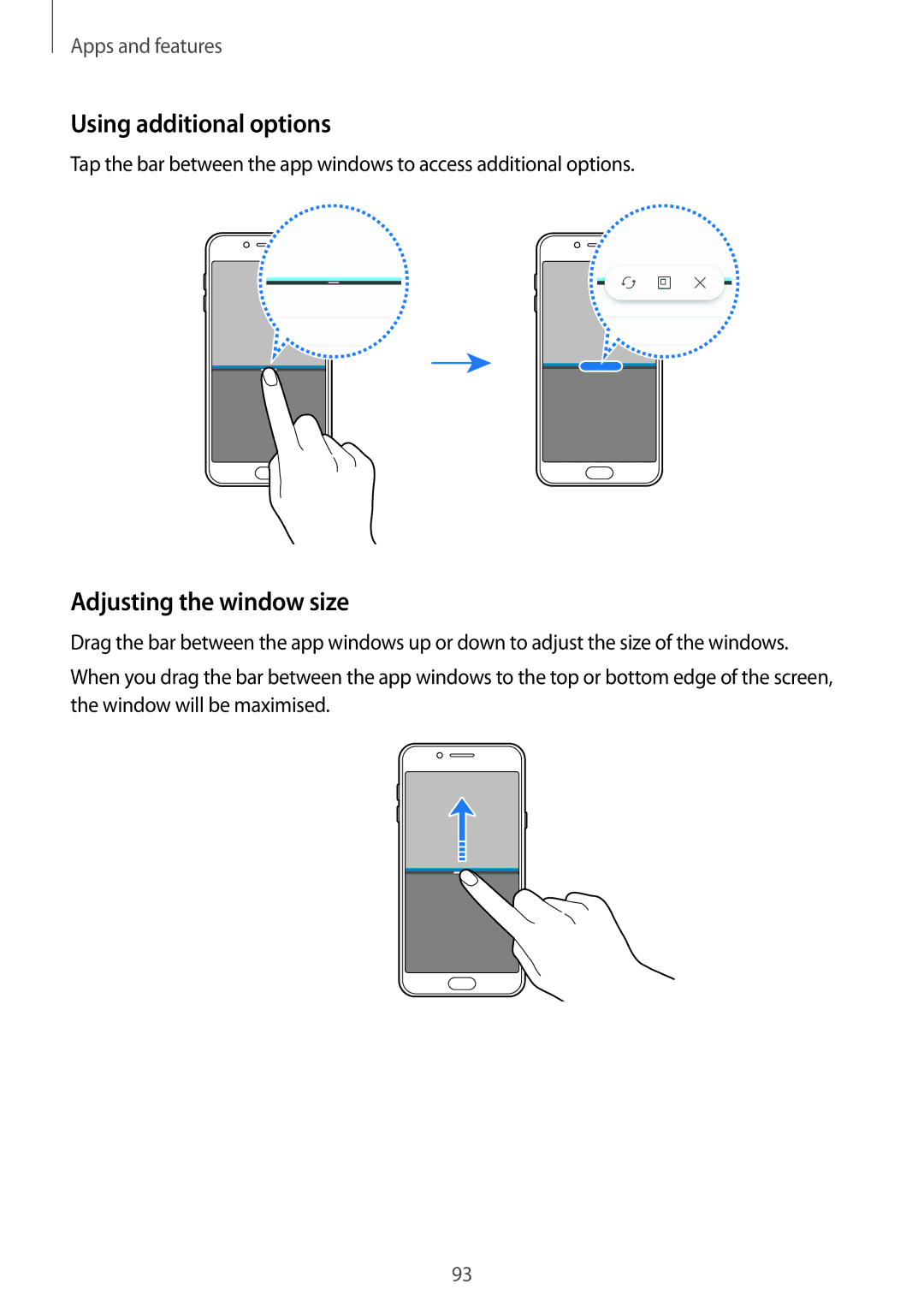 Samsung SM-C710FZKDXXV, SM-C710FZKDXEV, SM-C710FZDDXXV manual Using additional options, Adjusting the window size 