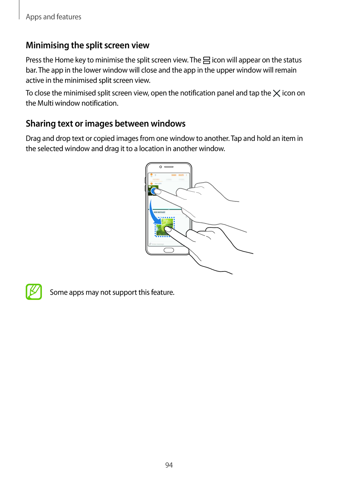 Samsung SM-C710FZKDXEV, SM-C710FZKDXXV manual Minimising the split screen view, Sharing text or images between windows 