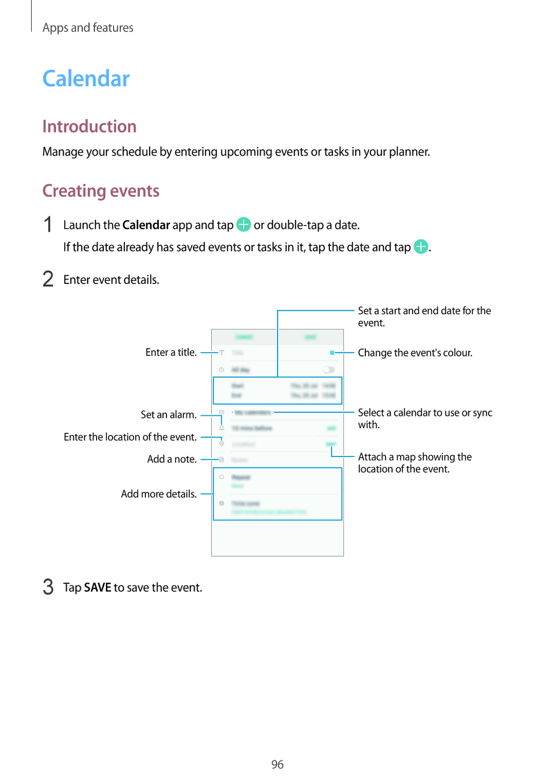 Samsung SM-C710FZKDXXV, SM-C710FZKDXEV, SM-C710FZDDXXV manual Calendar, Creating events 