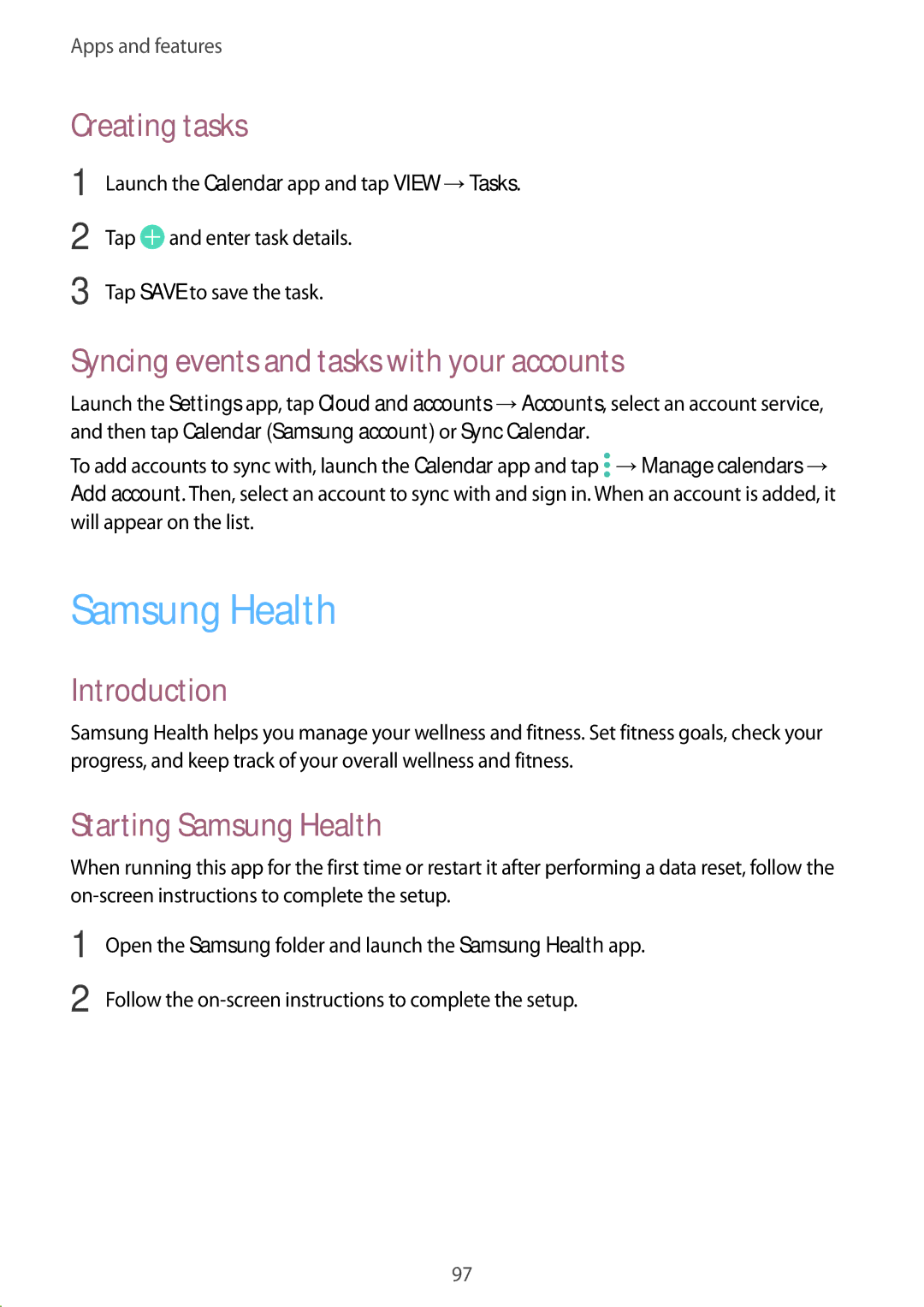 Samsung SM-C710FZKDXEV, SM-C710FZKDXXV manual Samsung Health, Creating tasks, Syncing events and tasks with your accounts 