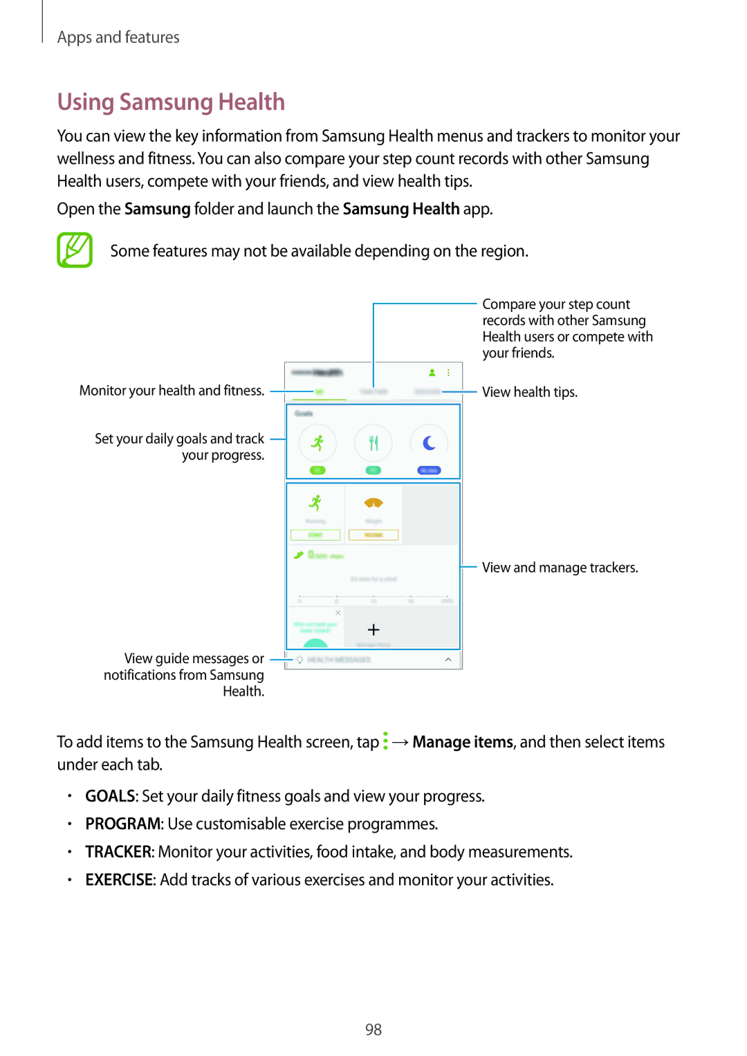 Samsung SM-C710FZDDXXV, SM-C710FZKDXXV, SM-C710FZKDXEV manual Using Samsung Health, Monitor your health and fitness 