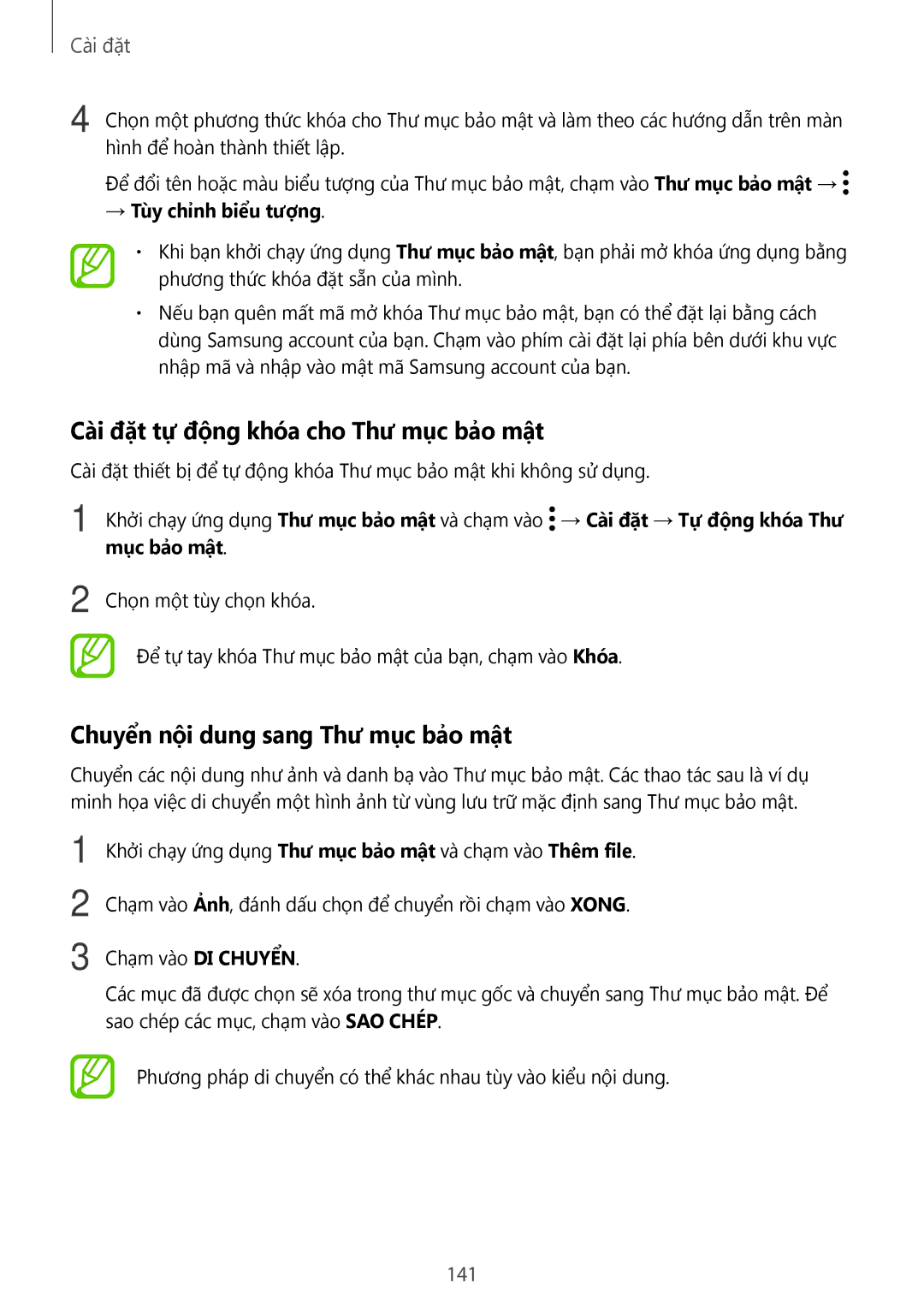 Samsung SM-C710FZKDXXV, SM-C710FZKDXEV manual Cài đặt tự động khóa cho Thư mục bảo mật, Chuyển nội dung sang Thư mục bảo mật 
