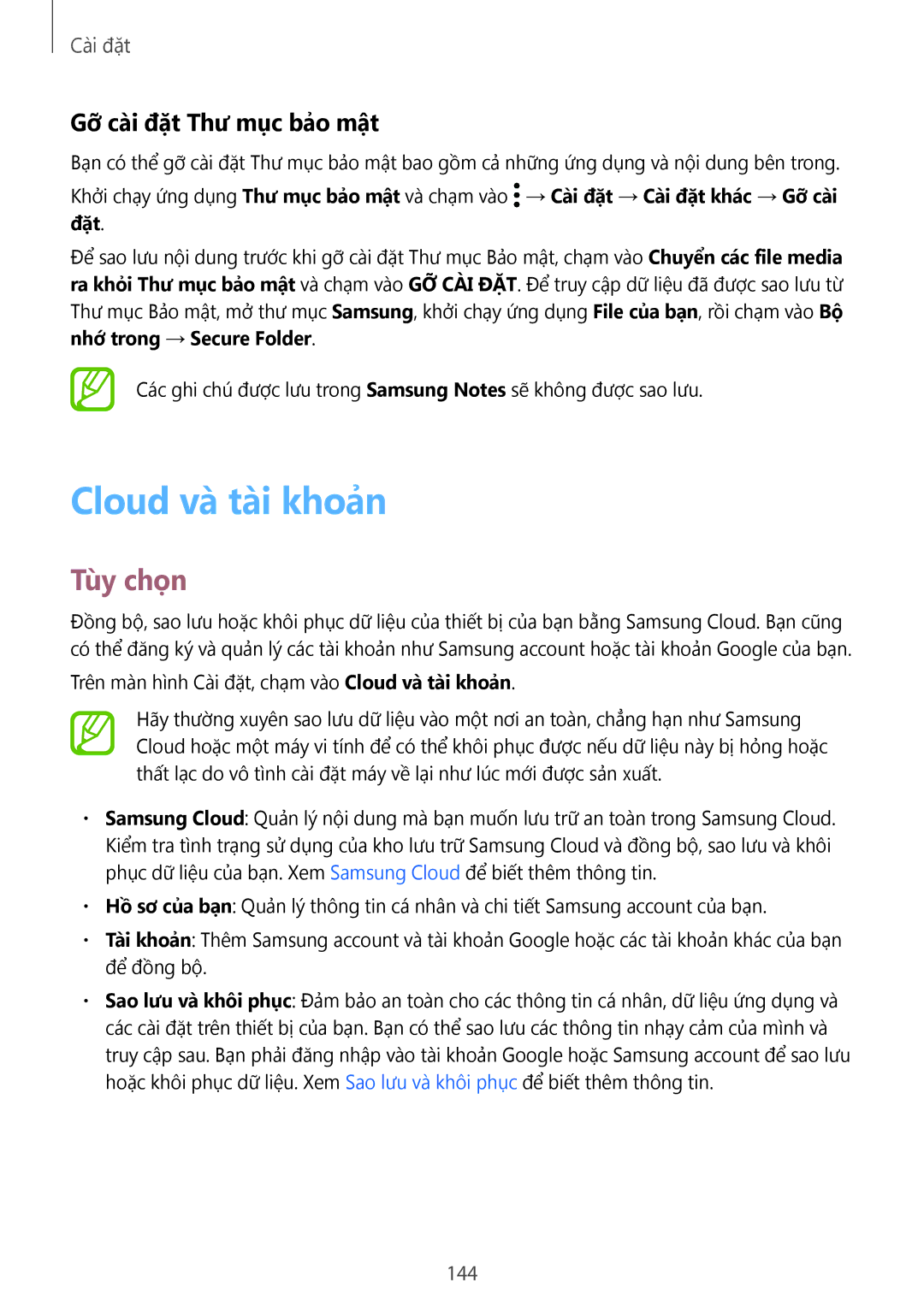 Samsung SM-C710FZKDXXV, SM-C710FZKDXEV, SM-C710FZDDXXV manual Cloud và tài khoản, Gỡ cài đặt Thư mục bảo mật 