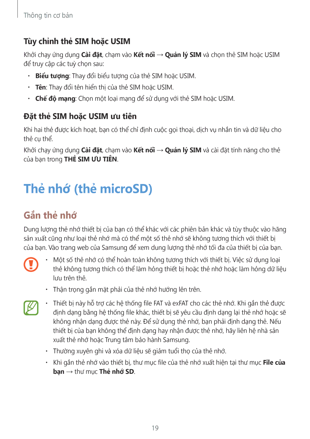 Samsung SM-C710FZKDXEV manual Thẻ nhớ thẻ microSD, Gắn thẻ nhớ, Tùy chỉnh thẻ SIM hoặc Usim, Đặt thẻ SIM hoặc Usim ưu tiên 