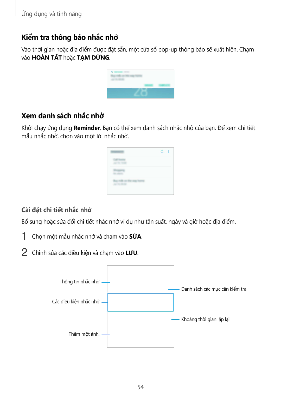 Samsung SM-C710FZKDXXV, SM-C710FZKDXEV manual Kiểm tra thông báo nhắc nhở, Xem danh sách nhắc nhở, Cài đặt chi tiết nhắc nhở 