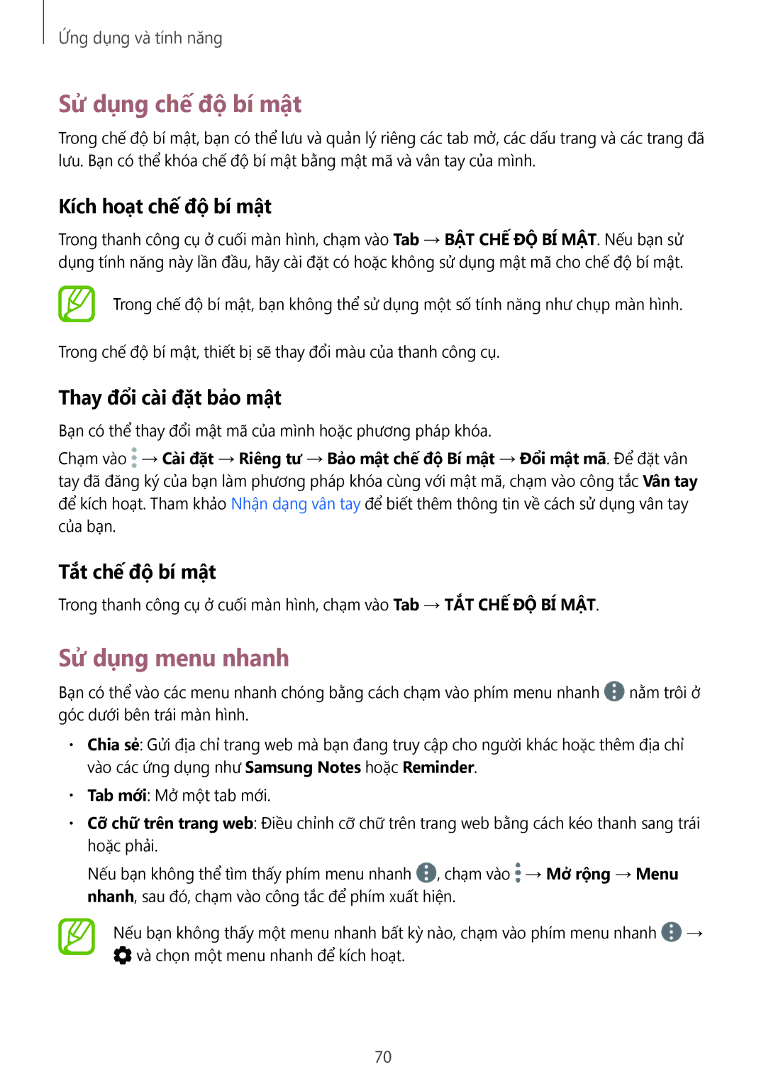 Samsung SM-C710FZKDXEV manual Sử dụng chế độ bí mật, Sử dụng menu nhanh, Kích hoạt chế độ bí mật, Thay đổi cài đặt bảo mật 