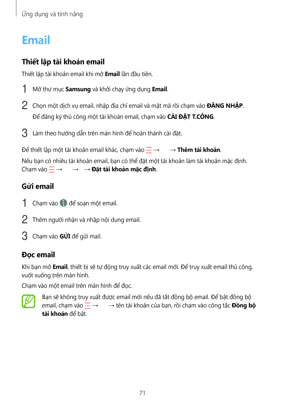 Samsung SM-C710FZDDXXV, SM-C710FZKDXXV, SM-C710FZKDXEV manual Thiết lập tài khoản email, Gửi email, Đọc email 