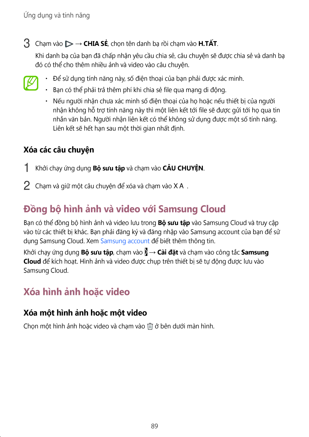 Samsung SM-C710FZDDXXV manual Đồng bộ hình ảnh và video với Samsung Cloud, Xóa hình ảnh hoặc video, Xóa các câu chuyện 