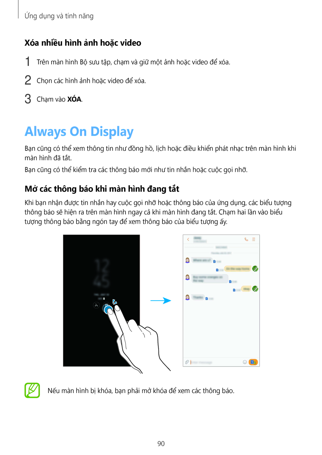 Samsung SM-C710FZKDXXV manual Always On Display, Xóa nhiều hình ảnh hoặc video, Mở các thông báo khi màn hình đang tắt 