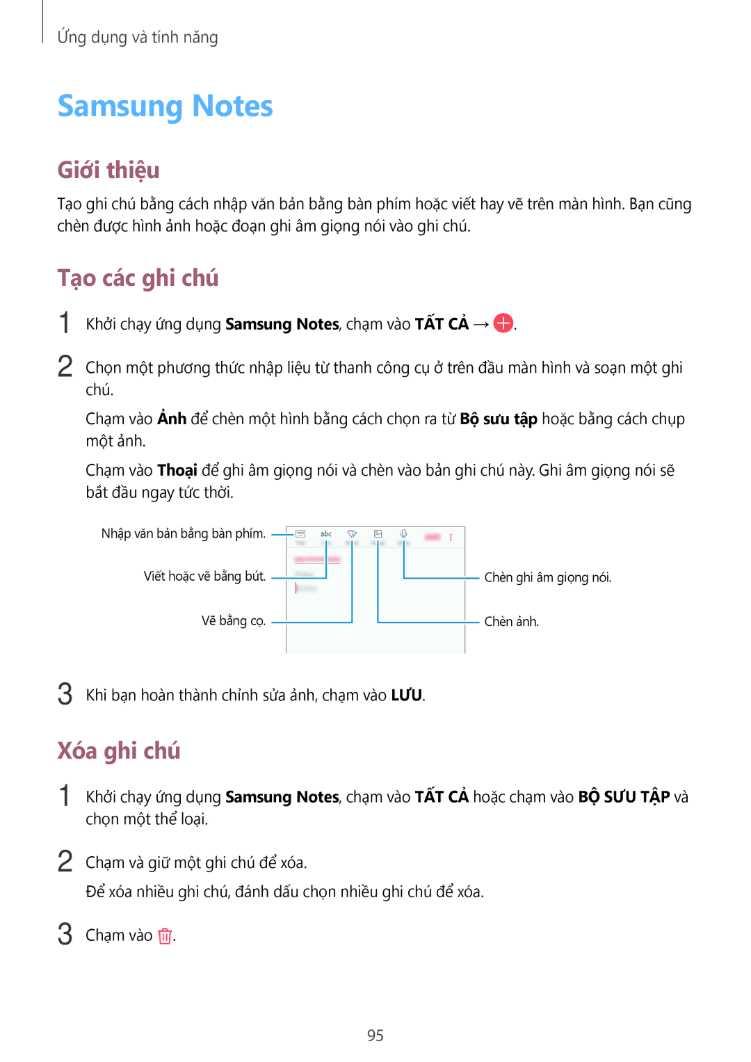 Samsung SM-C710FZDDXXV, SM-C710FZKDXXV, SM-C710FZKDXEV manual Samsung Notes, Tạo các ghi chú, Xóa ghi chú 